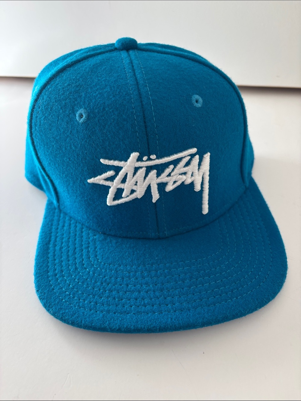 Stussy Capz Wool Aqua Blue Spell Out Snapback Hat Cap Mens Embroidered